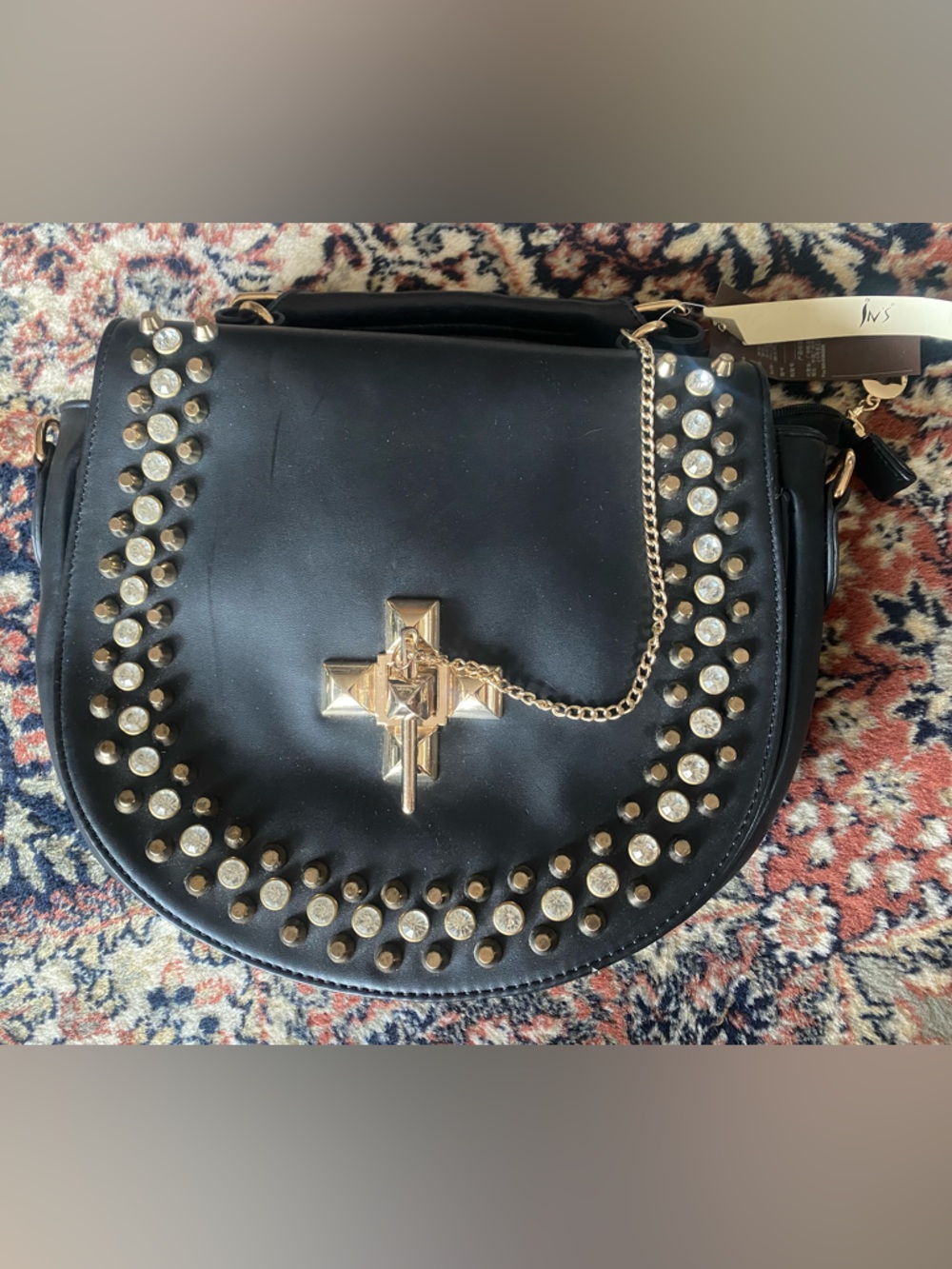 Black Crossbody Saddle Bag with Crystals and Gold Stud Accents and Chain Detail